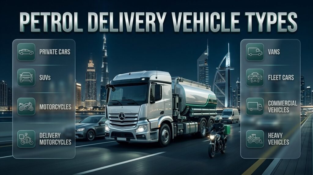 Petrol delivery vehicle infographic showing private cars, SUVs, motorcycles, vans, commercial vehicles, and business fleet refuelling.