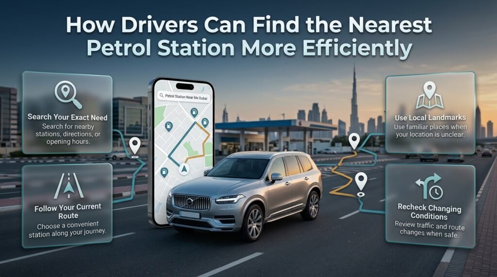 How to find the nearest petrol station in Dubai efficiently using precise searches, route planning, local landmarks, and updated navigation information.