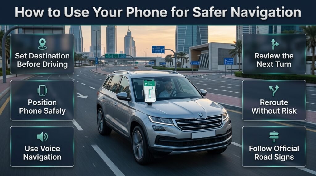 Use your phone for safer navigation in Dubai with hands-free GPS directions, a secure phone mount, and safe driving practices.