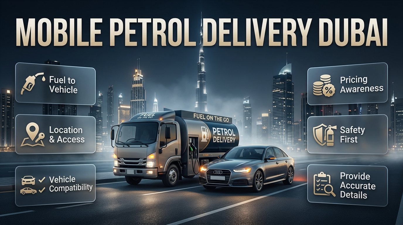 Mobile petrol delivery Dubai with emergency fuel assistance reaching a stranded vehicle safely on a city road. Mobile Petrol Delivery Dubai – Fast Fuel Assistance