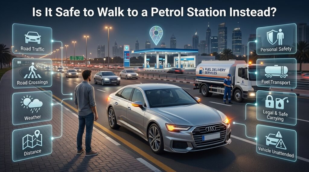 Walking to a petrol station versus fuel delivery, showing traffic, road crossings, weather, distance, personal safety, and fuel transport concerns.