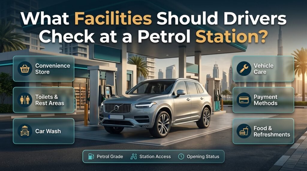 Petrol station facilities in Dubai, featuring fuel pumps, a convenience store, car wash, silver SUV, and driver amenities.