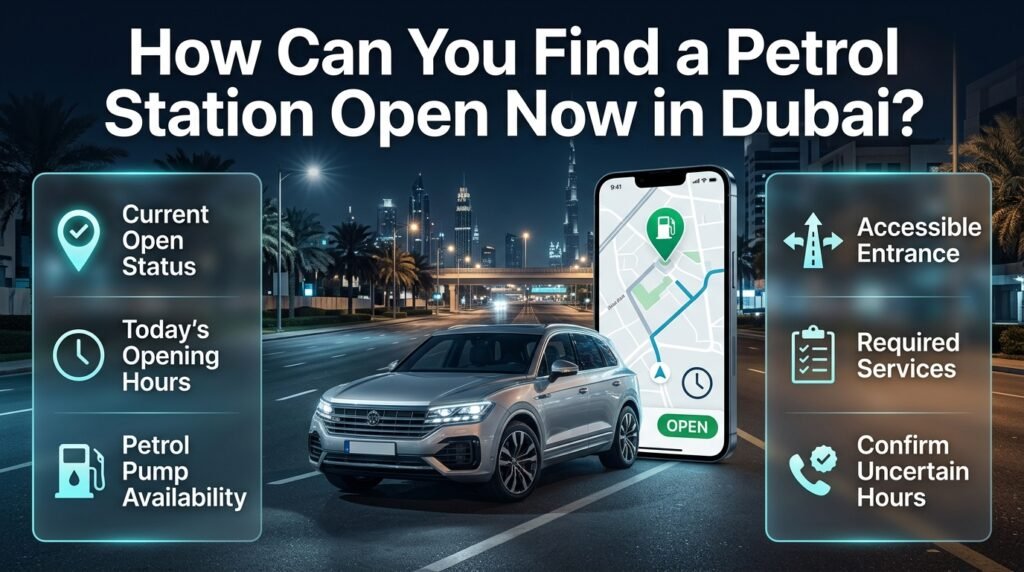 Find a petrol station open now in Dubai using GPS navigation, current opening hours, accessible routes, and nearby petrol station locations.