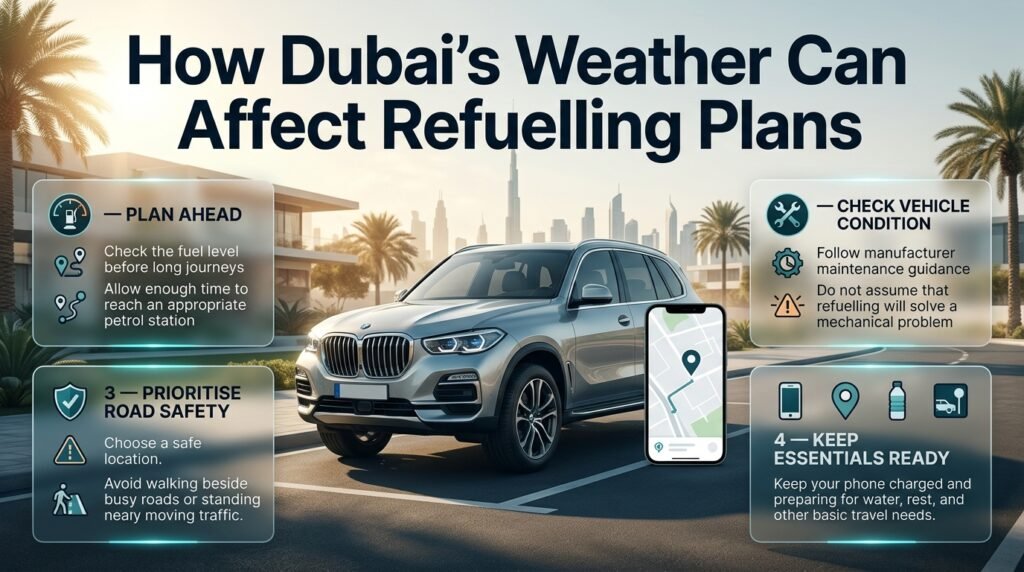 Dubai hot weather refuelling guide showing a car, navigation smartphone, sunny desert roads, and safe petrol station journey planning.