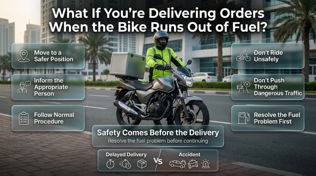 Delivery rider safely stopped after running out of fuel, prioritizing personal safety and resolving the motorcycle fuel problem before continuing