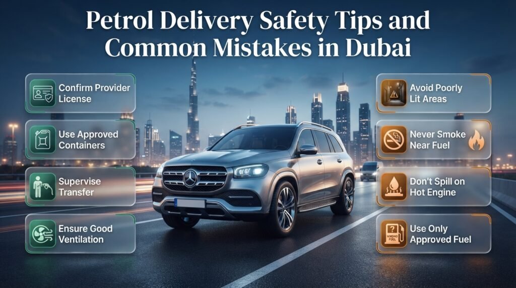 Petrol delivery safety tips in Dubai covering commercial vehicle decisions, fuel warnings, provider verification, correct fuel selection, pricing, and roadside safety.