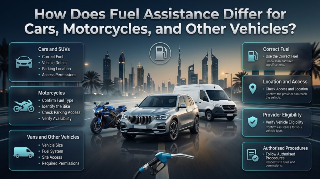 Fuel assistance for cars, motorcycles and vans in Dubai, featuring vehicle-specific fuel requirements, parking access, provider eligibility and safety checks.