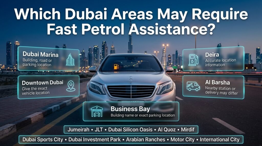 Dubai areas that may require fast petrol assistance, including Marina, Downtown, Deira, Al Barsha, Business Bay and other locations.