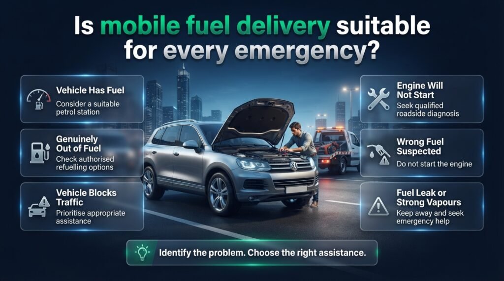 Mobile fuel delivery Dubai infographic explaining fuel shortages, roadside breakdowns, wrong-fuel incidents, vehicle safety, and emergency assistance options.