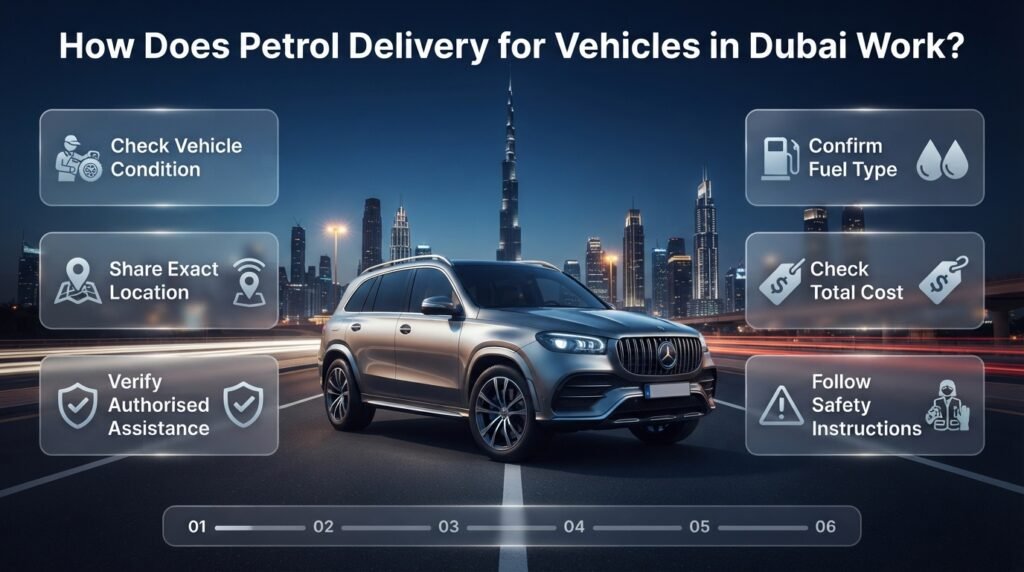 Step-by-step petrol delivery guide in Dubai showing vehicle checks, location sharing, authorised fuel assistance, cost confirmation, and roadside safety.