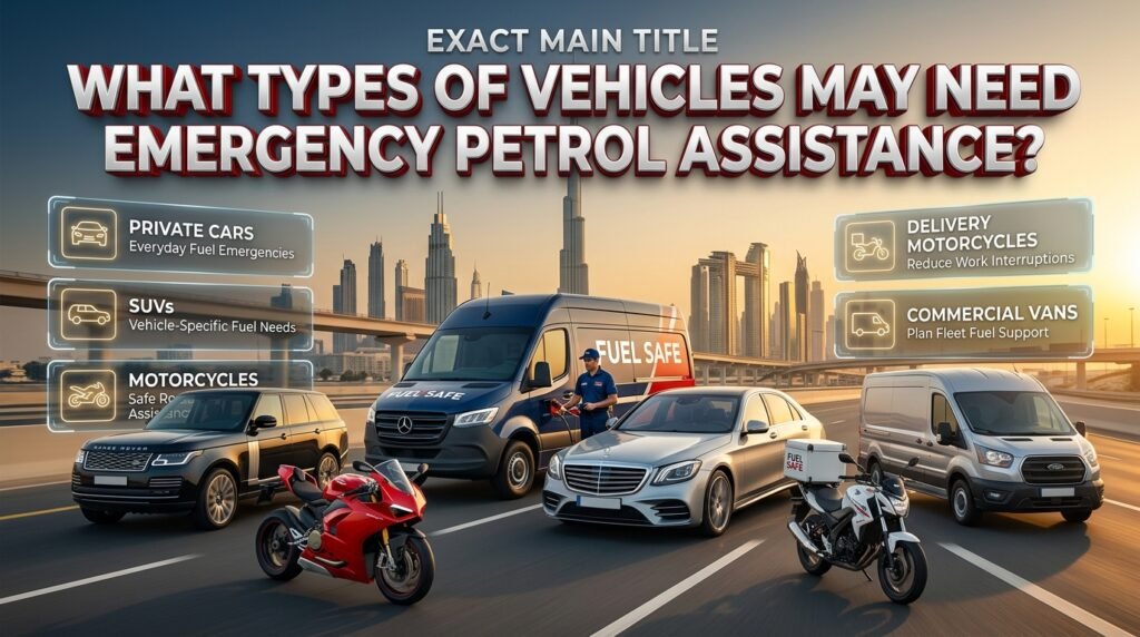 Emergency petrol assistance for cars, SUVs, motorcycles, delivery bikes, and commercial vans in Dubai with mobile fuel delivery.