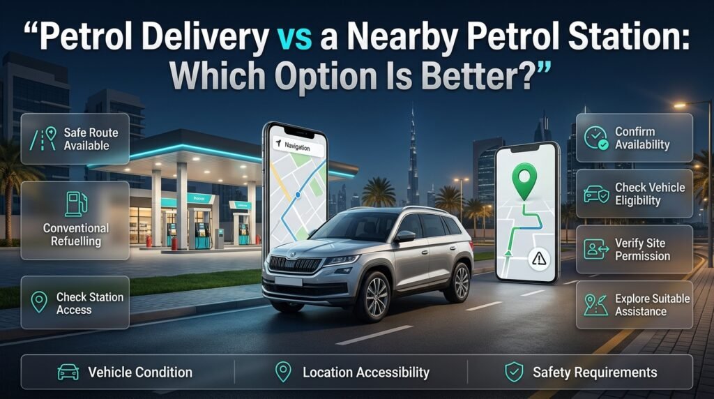 Petrol delivery vs nearby petrol station in Dubai, comparing refuelling options, roadside assistance, vehicle safety, and location accessibility.