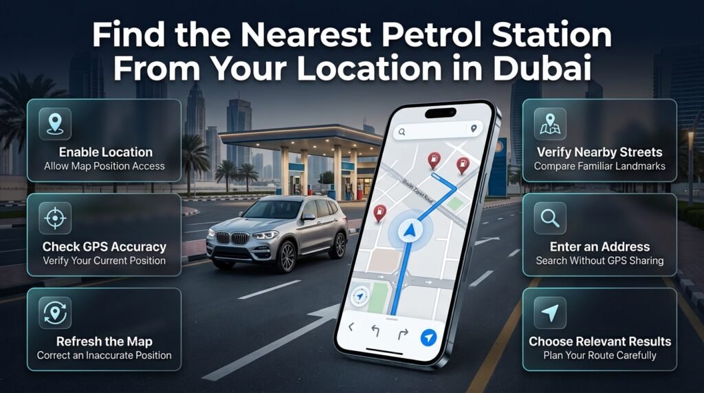 Find the nearest petrol station in Dubai using GPS location, map permissions, accurate positioning, nearby landmarks, and manual address search.