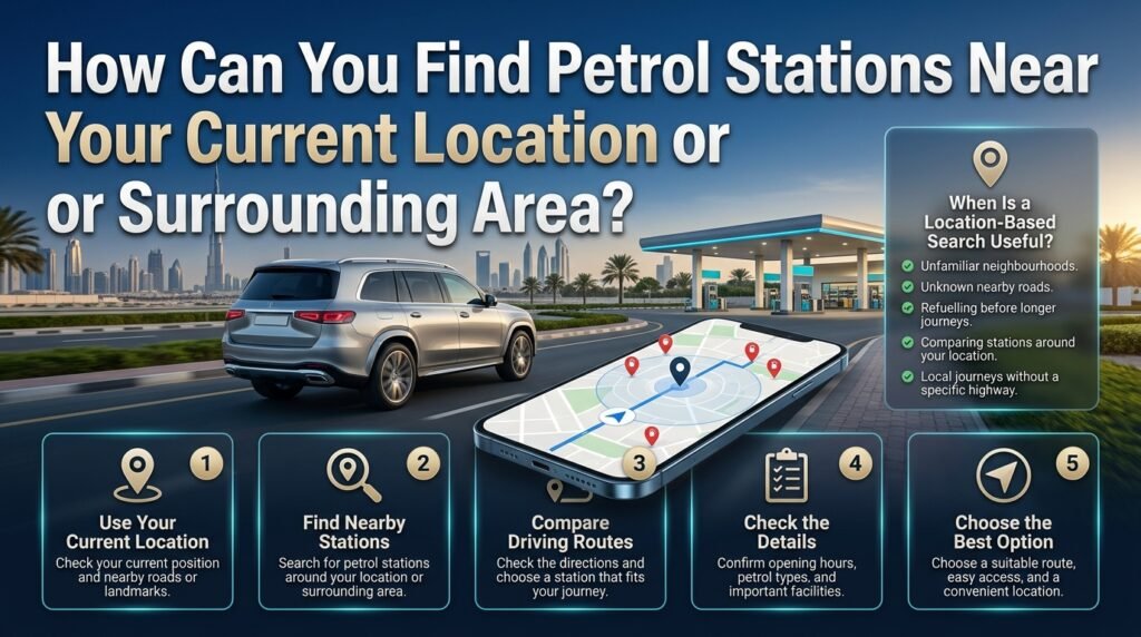 Find petrol stations near your current location in Dubai using GPS navigation, nearby landmarks, driving routes, and station details.