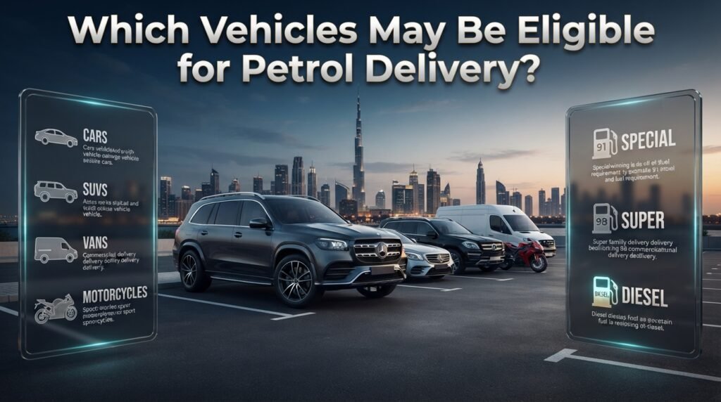 Which vehicles may need fuel delivery in Dubai, including cars, SUVs, motorcycles, vans, fleet vehicles, heavy trucks, and EV recovery support.