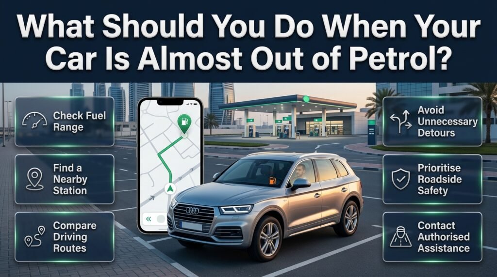 What to do when your car is almost out of petrol in Dubai, with low fuel warning, GPS navigation, nearby petrol station, and road safety guidance.