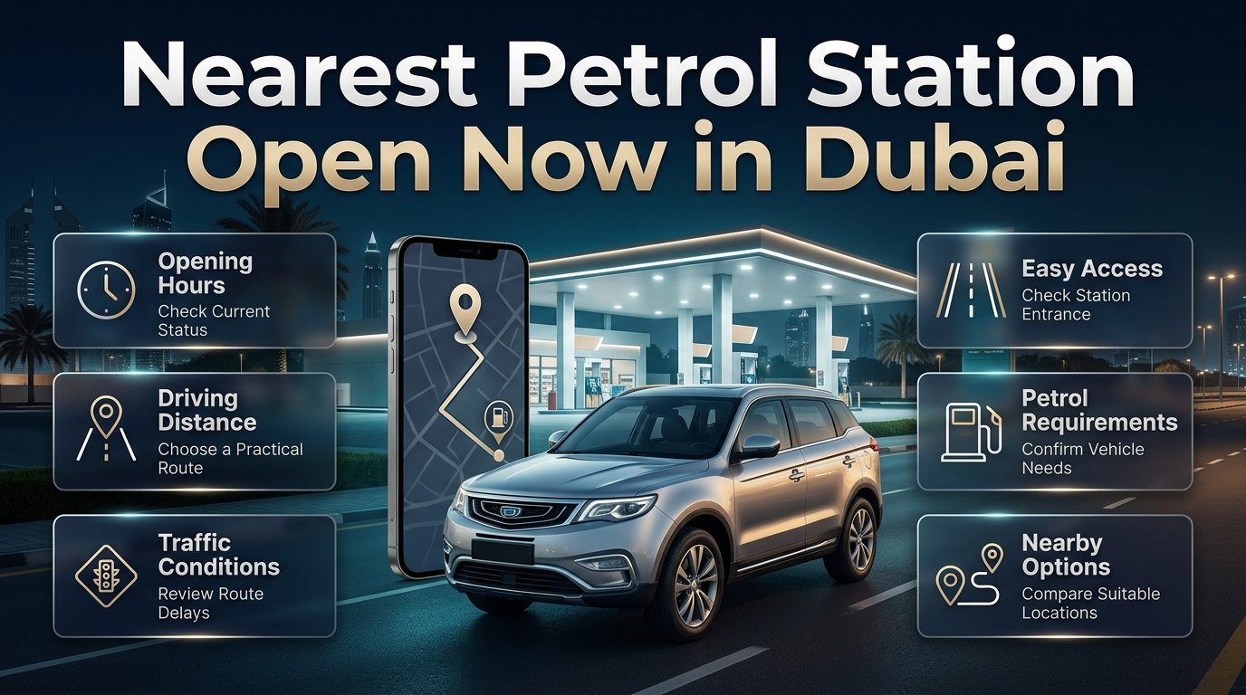 Nearest petrol station open now in Dubai, featuring a modern petrol station, a navigation map, and a car ready for refuelling at night.Nearest Petrol Station Open Now in Dubai – Complete Guide