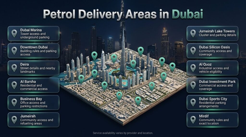 Petrol delivery areas in Dubai infographic showing 12 locations, including Dubai Marina, Downtown Dubai, Deira, Al Barsha, and Business Bay.