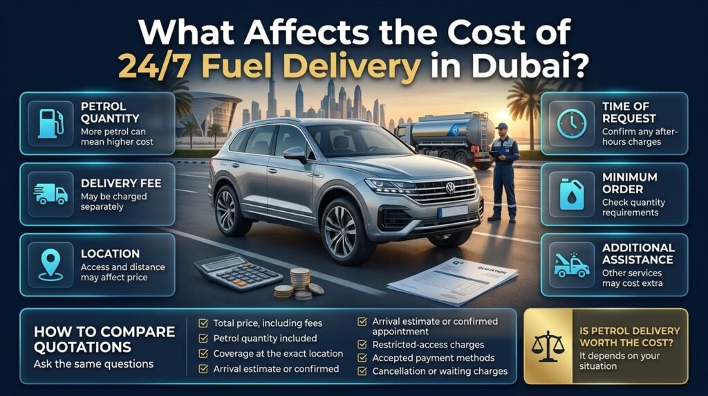 24/7 Fuel Delivery Dubai cost infographic showing petrol quantity, delivery fees, location charges, after-hours pricing, and quotation comparison tips.