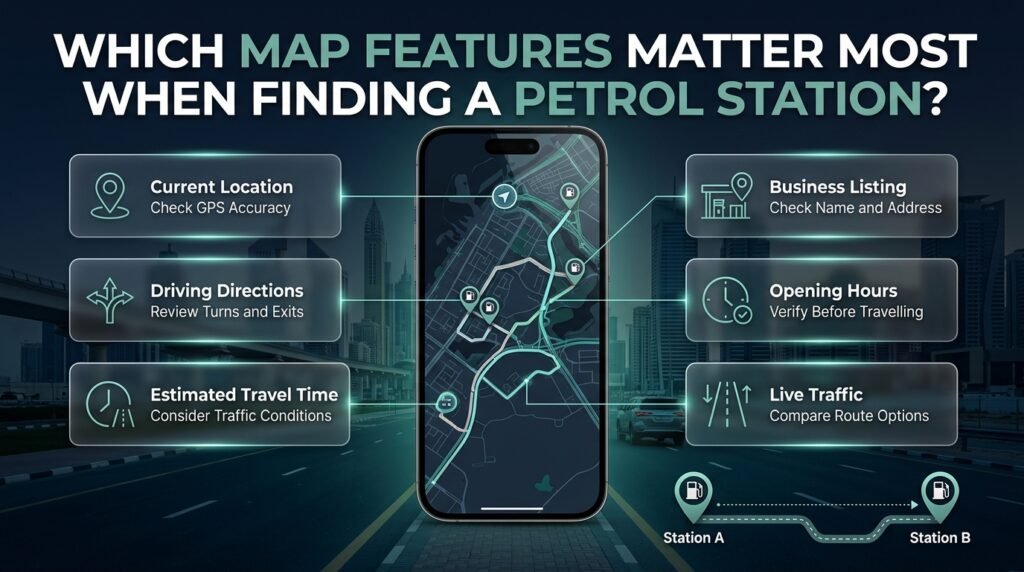 Map features for finding a petrol station in Dubai, including GPS accuracy, driving routes, traffic conditions, opening hours, and road access.