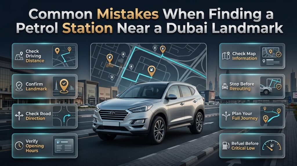 Common mistakes when finding a petrol station near a Dubai landmark, including wrong map pins, road access, opening hours, and unsafe navigation.
