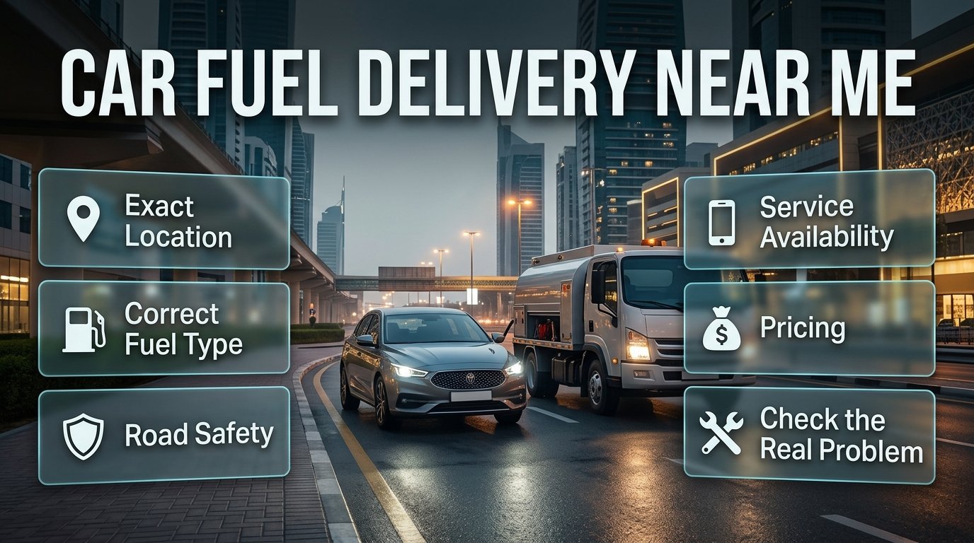 Car fuel delivery near me showing emergency petrol assistance, roadside safety, fuel delivery, and vehicle support in Dubai. Car Fuel Delivery Near Me – Emergency Petrol Assistance Guide