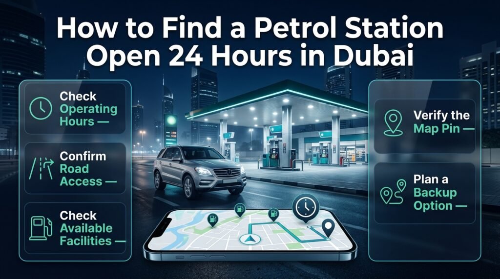 Find a petrol station open 24 hours in Dubai by checking operating hours, road access, available facilities, accurate map locations, and backup options.