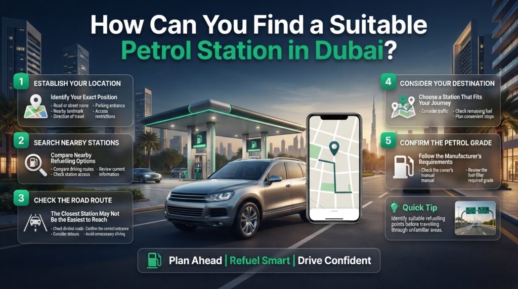 How to find a suitable petrol station in Dubai using location tracking, nearby station searches, route planning, and correct petrol grade selection.
