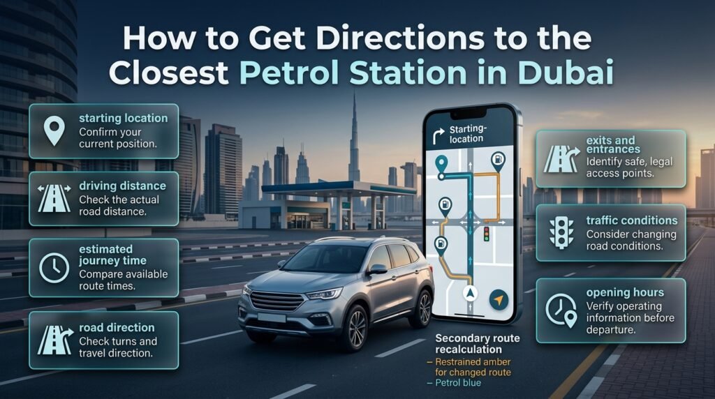 Directions to the closest petrol station in Dubai using navigation maps, driving distance, traffic conditions, road exits, and route planning.