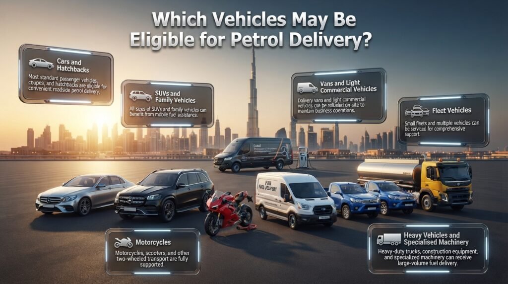 Vehicle petrol delivery Dubai infographic showing cars, SUVs, motorcycles, vans, fleet vehicles, and heavy machinery with fuel delivery eligibility considerations.