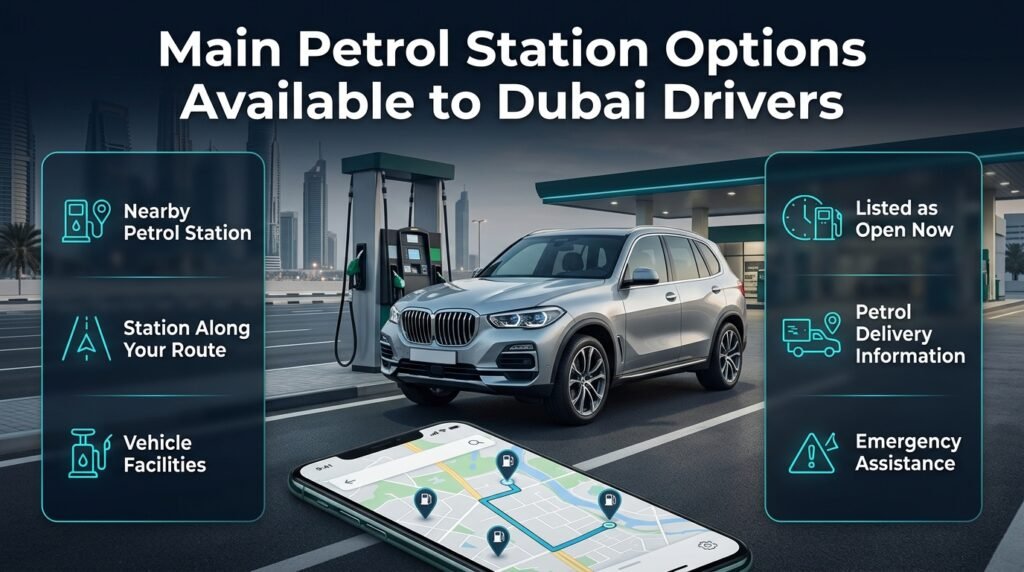 Main petrol station options in Dubai, comparing nearby stations, route-based stops, vehicle facilities, open-now listings, petrol delivery information, and roadside assistance.