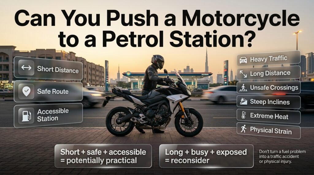 Motorcycle being safely pushed toward a petrol station while considering distance, traffic, road surface, heat, and rider safety