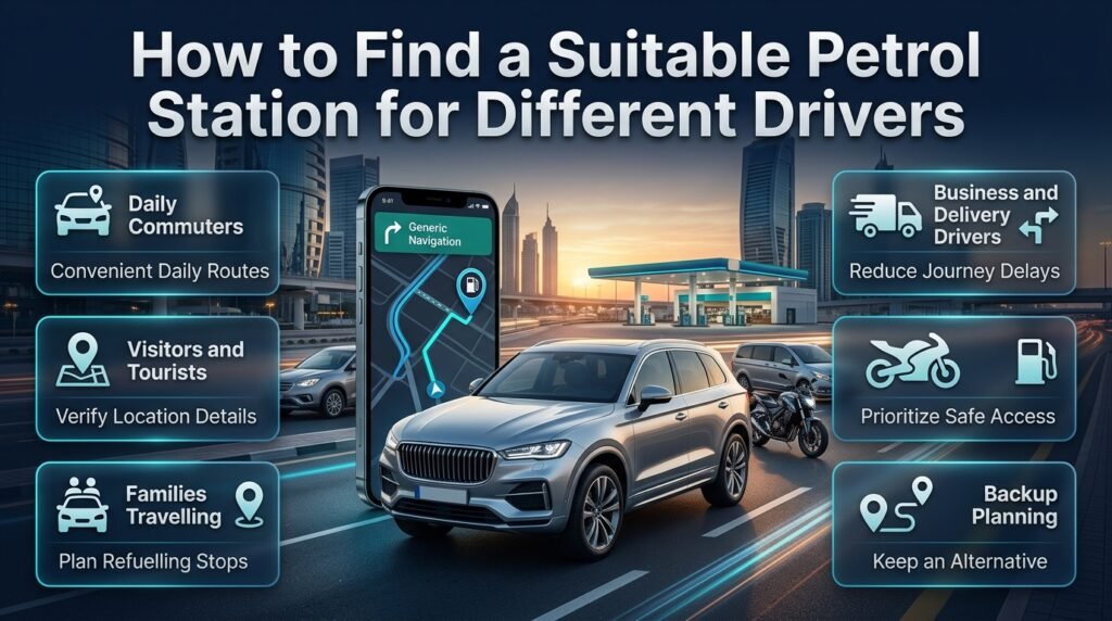 Find a suitable petrol station in Dubai for commuters, tourists, families, business drivers, and motorcyclists using practical route planning.