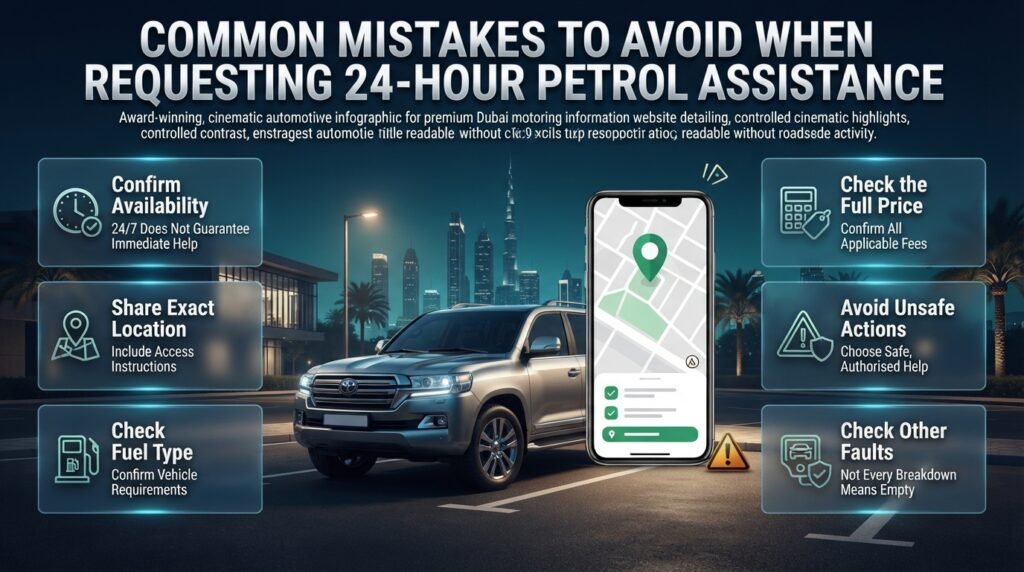 Dubai petrol assistance infographic highlighting six common mistakes involving availability, location details, fuel type, pricing, roadside safety, and vehicle breakdowns.