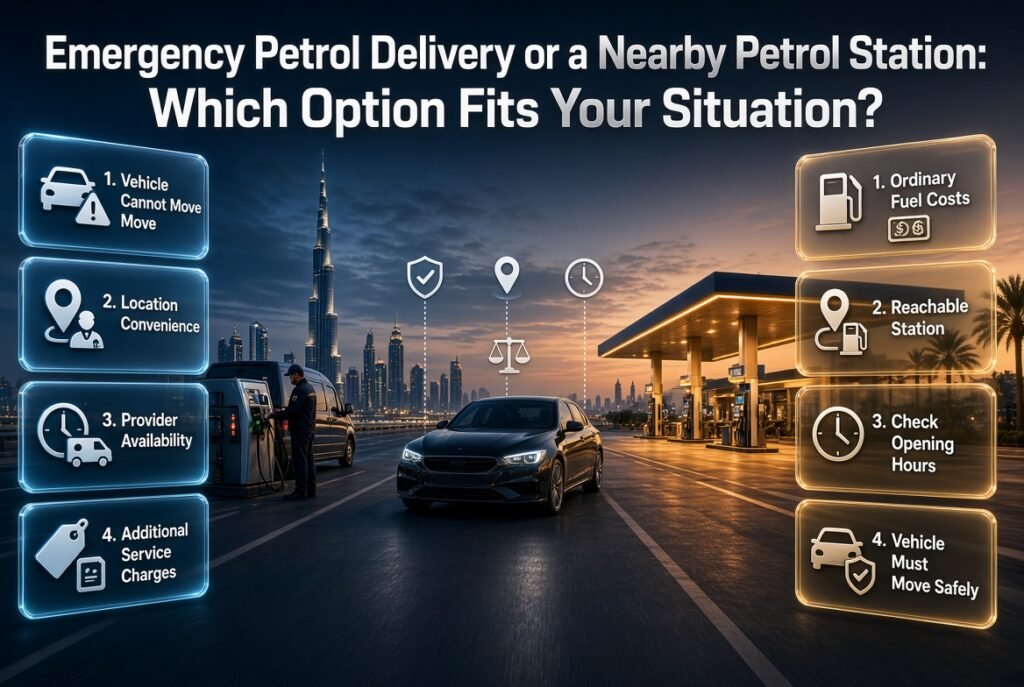 Emergency petrol delivery vs nearby petrol station in Dubai, comparing roadside fuel assistance, convenience, accessibility, safety, and cost.