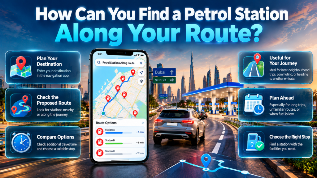 Find a petrol station along your route in Dubai using navigation maps, compare driving time, and plan convenient petrol stops before travelling.