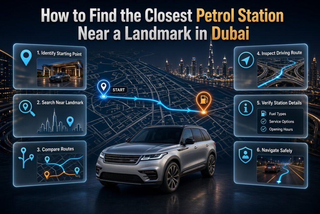 How to find the closest petrol station near a landmark in Dubai using navigation maps, driving routes, road access, and station details.