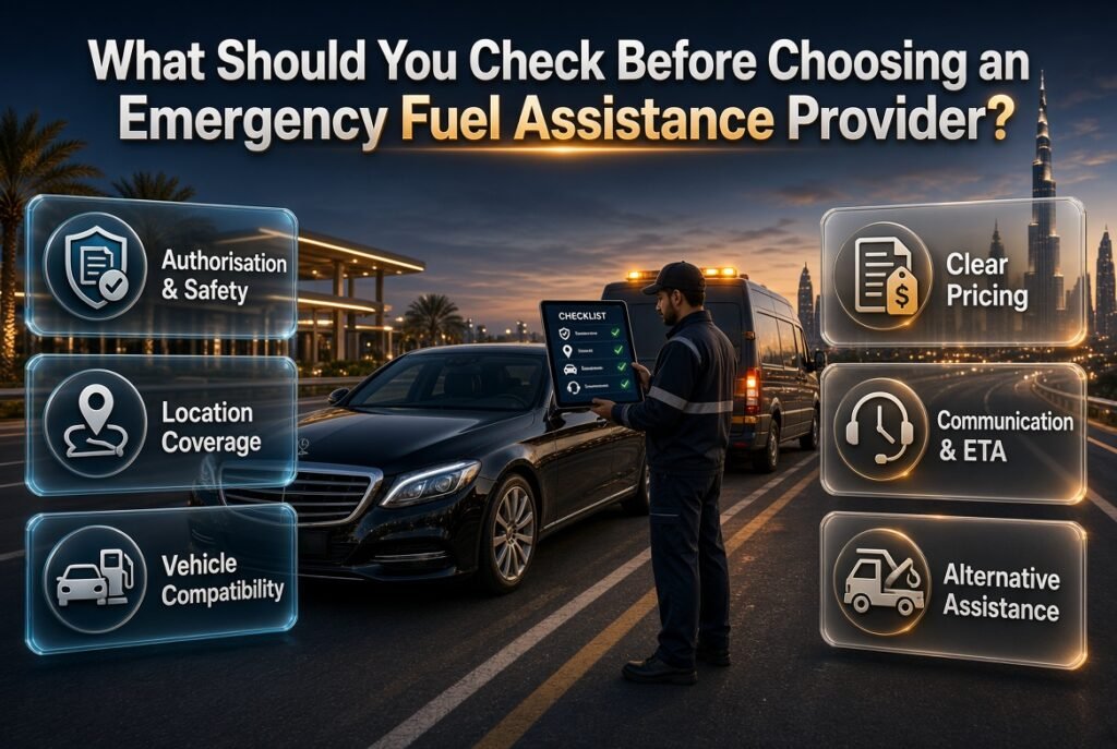 Emergency fuel assistance provider checklist in Dubai covering authorisation, safety, location coverage, vehicle compatibility, pricing, and support.