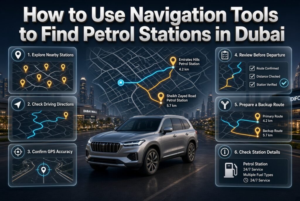 Using navigation tools to find petrol stations in Dubai with accurate GPS positioning, driving directions, traffic updates, and backup routes.