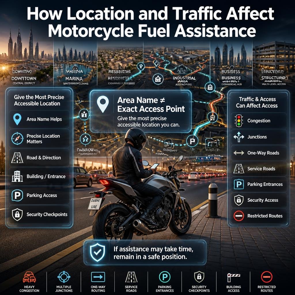Dubai motorcycle fuel assistance guide showing location accuracy, traffic, access routes, checkpoints, and safe roadside positioning.