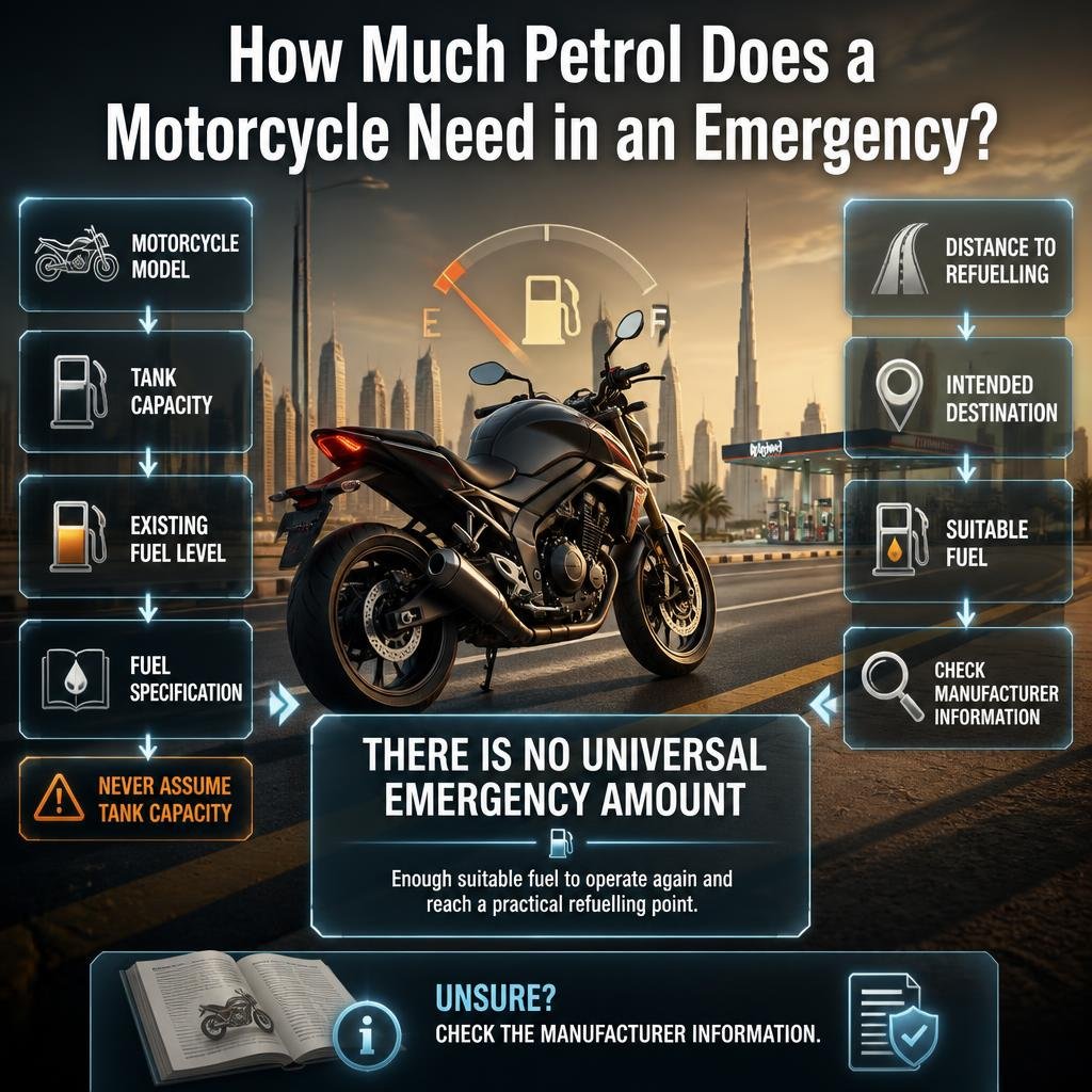 Motorcycle emergency petrol guide showing fuel needs, tank capacity, fuel level, specification, destination, and refuelling planning.
