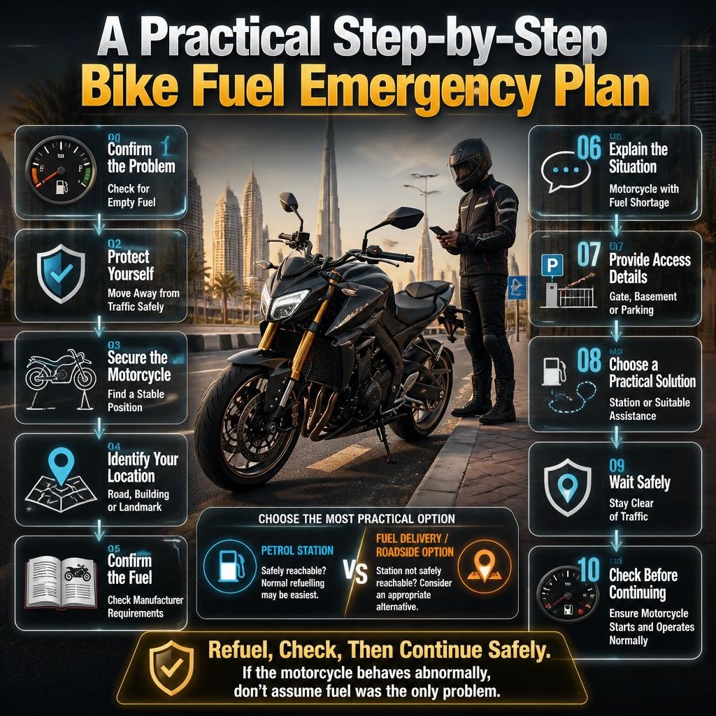 10-step bike fuel emergency plan showing motorcycle safety, fuel checks, exact location, access details, refuelling options, and restart checks.