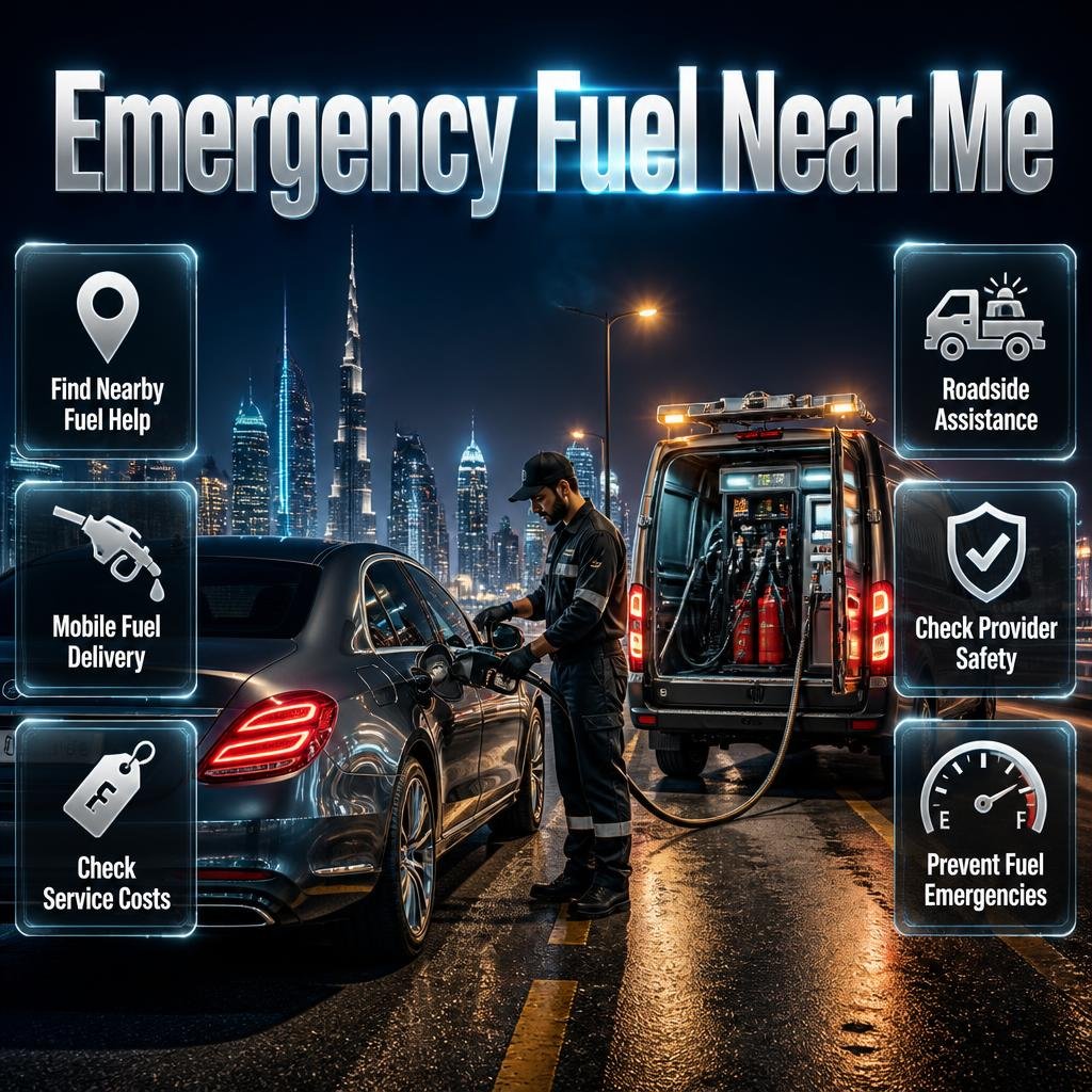 Emergency fuel near me in Dubai featuring a roadside fuel delivery vehicle assisting a stranded car on a modern city road. Emergency Fuel Near Me in Dubai | Fast Roadside Fuel Assistance