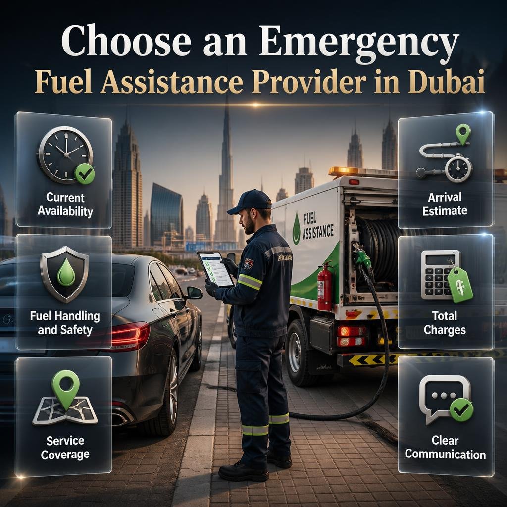 Choosing an emergency fuel assistance provider in Dubai by comparing availability, fuel type, costs, safety, and roadside service conditions.