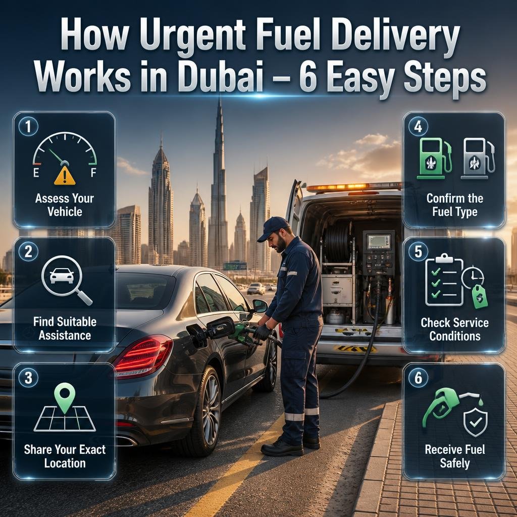 Emergency fuel assistance in Dubai across Marina, Downtown, Business Bay, Deira, Al Barsha, and other areas with roadside fuel needs.