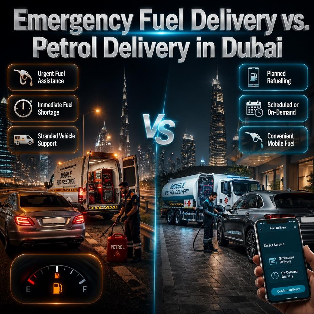 Emergency fuel delivery vs petrol delivery in Dubai, comparing urgent roadside refuelling with scheduled and on-demand mobile fuel services.