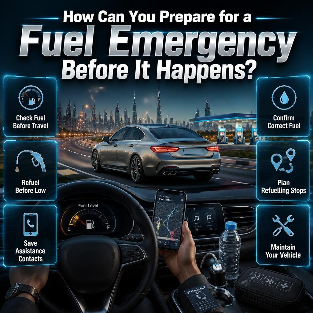 How to prepare for a fuel emergency with fuel checks, planned refuelling stops, roadside assistance contacts, and vehicle maintenance.