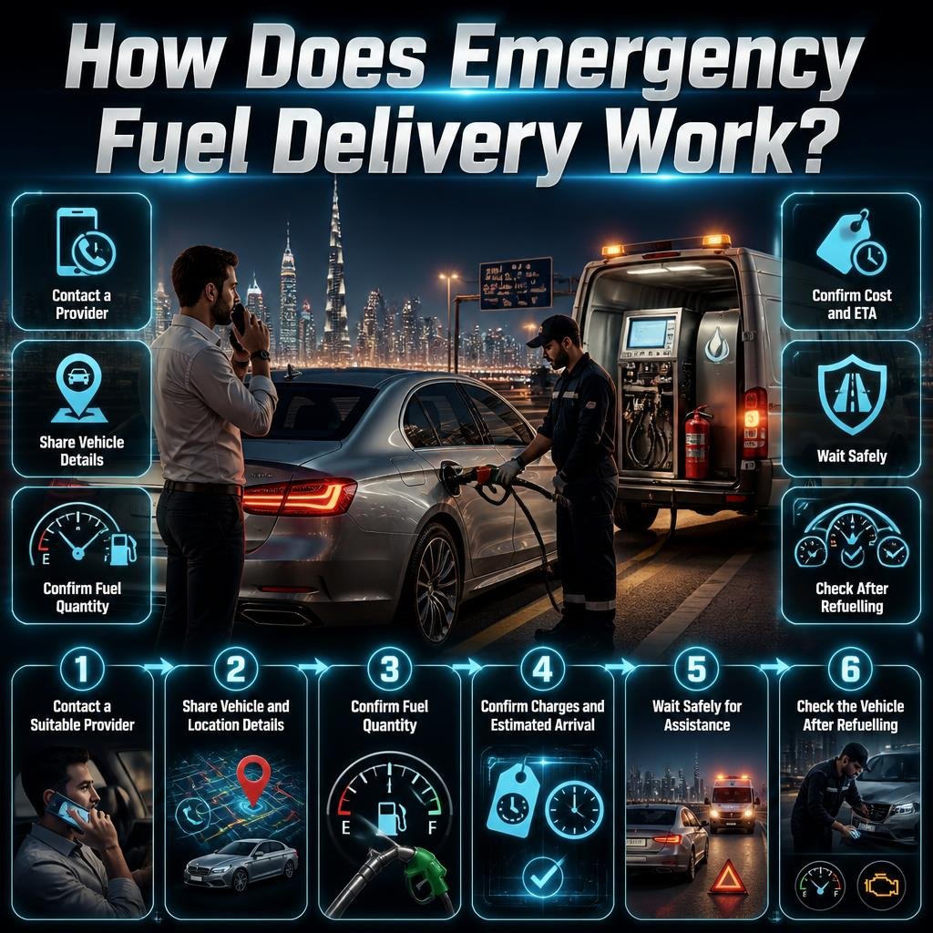 How emergency fuel delivery works, showing six steps from contacting a provider and confirming fuel quantity to safe refuelling and vehicle checks.