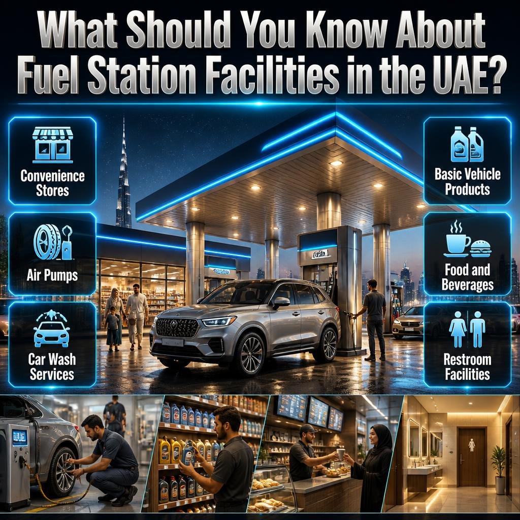 UAE petrol station facilities featuring convenience stores, air pumps, car washes, food outlets, restrooms, and essential travel services.