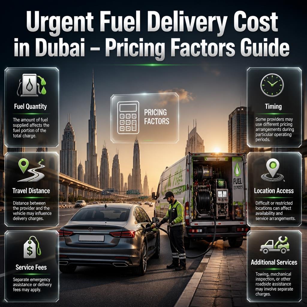 Urgent fuel delivery cost in Dubai explained through fuel quantity, travel distance, emergency service fees, timing, and roadside access.
